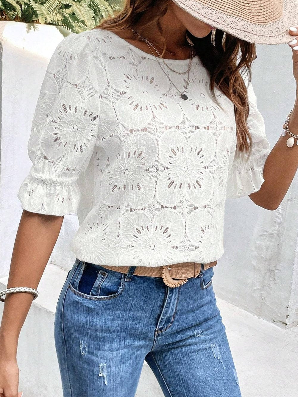 Elegant White Floral Eyelet Keyhole Top with Ruffle Detail