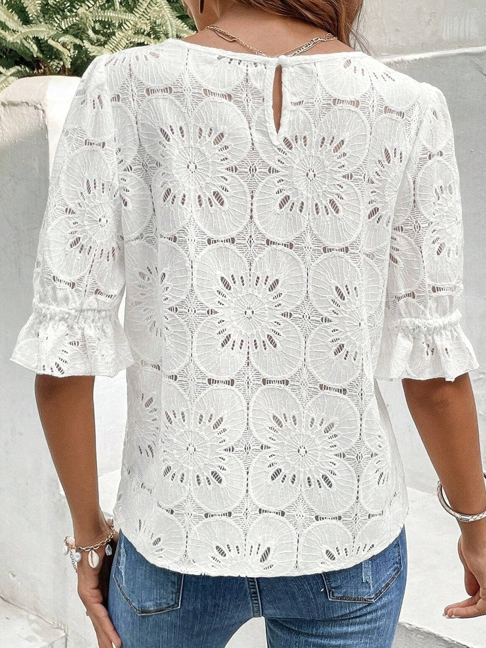 Elegant White Floral Eyelet Keyhole Top with Ruffle Detail