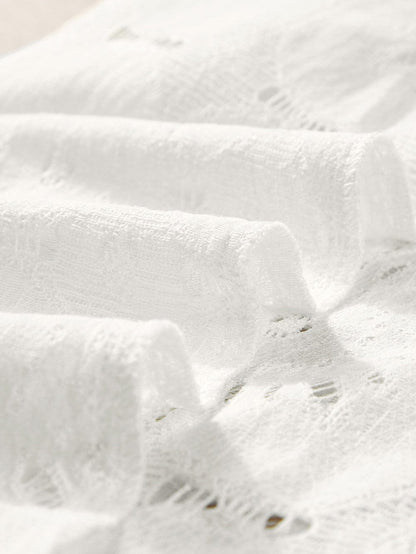 Elegant White Floral Eyelet Keyhole Top with Ruffle Detail