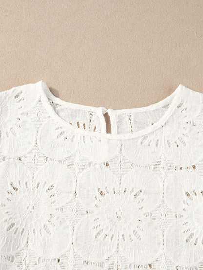 Elegant White Floral Eyelet Keyhole Top with Ruffle Detail