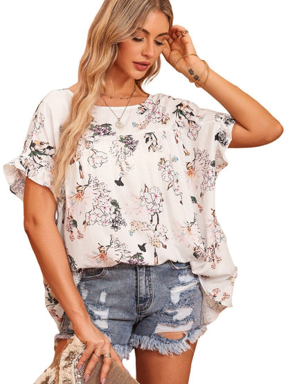 Elegant White Floral Knot Back Short Sleeve Blouse