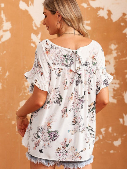 Elegant White Floral Knot Back Short Sleeve Blouse