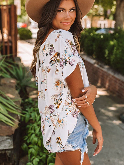 Elegant White Floral Knot Back Short Sleeve Blouse