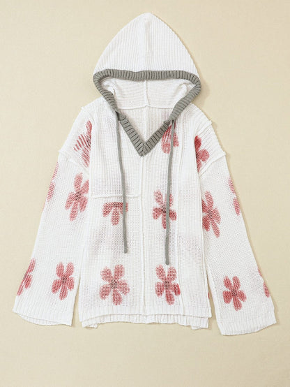 Elegant White Floral Pattern Cozy Hooded Knit Sweater