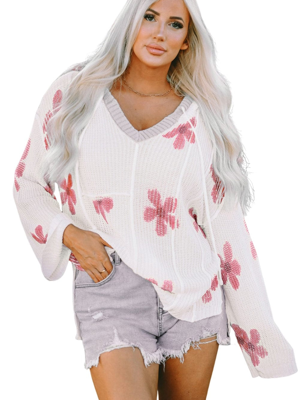 Elegant White Floral Pattern Cozy Hooded Knit Sweater