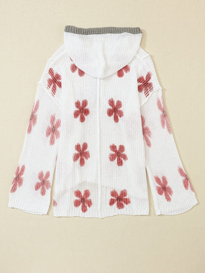 Elegant White Floral Pattern Cozy Hooded Knit Sweater