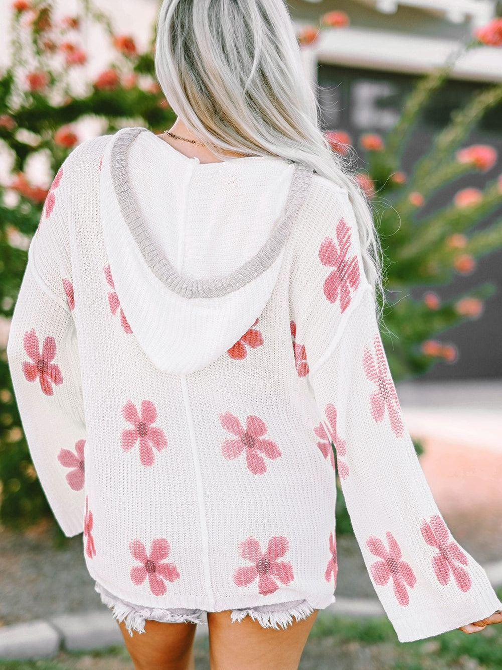 Elegant White Floral Pattern Cozy Hooded Knit Sweater