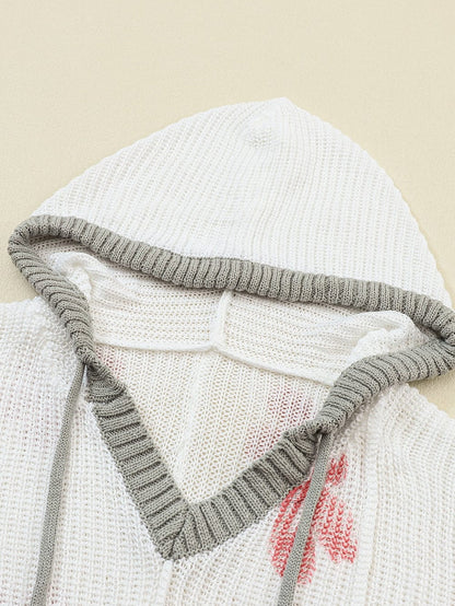 Elegant White Floral Pattern Cozy Hooded Knit Sweater