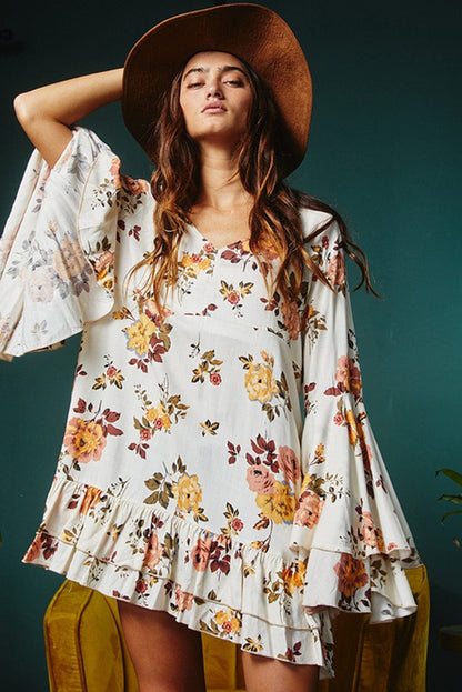 Elegant White Floral Print Ruffle Sleeve Mini Dress