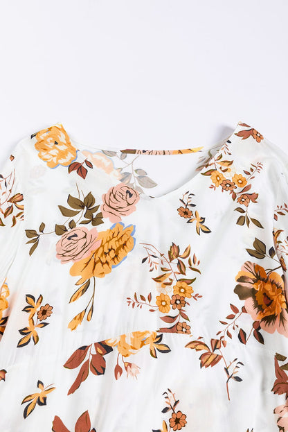 Elegant White Floral Print Ruffle Sleeve Mini Dress