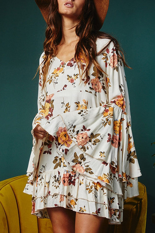 Elegant White Floral Print Ruffle Sleeve Mini Dress