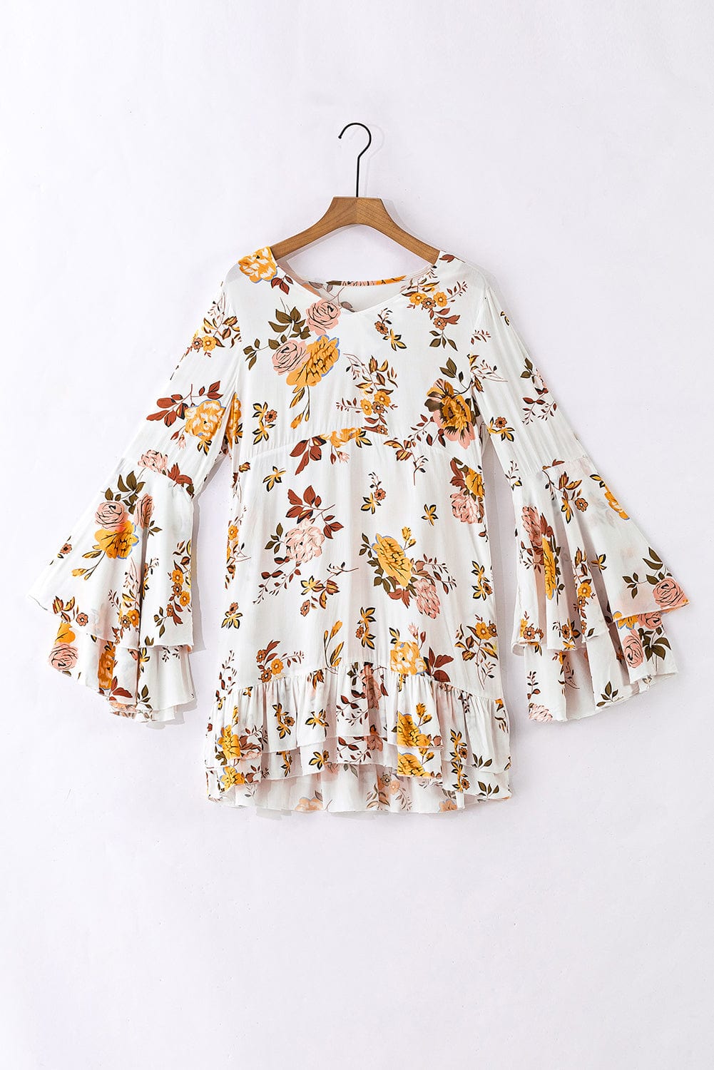 Elegant White Floral Print Ruffle Sleeve Mini Dress