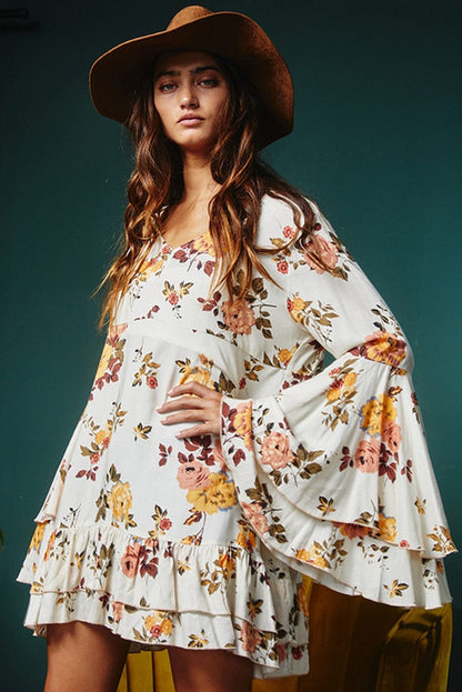 Elegant White Floral Print Ruffle Sleeve Mini Dress