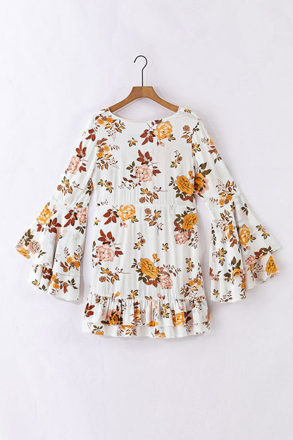 Elegant White Floral Print Ruffle Sleeve Mini Dress