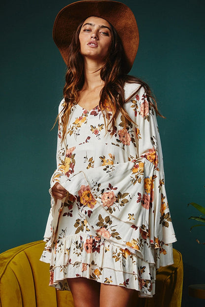 Elegant White Floral Print Ruffle Sleeve Mini Dress