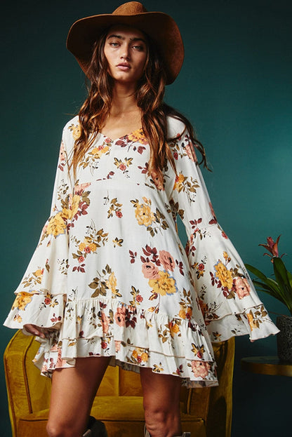 Elegant White Floral Print Ruffle Sleeve Mini Dress