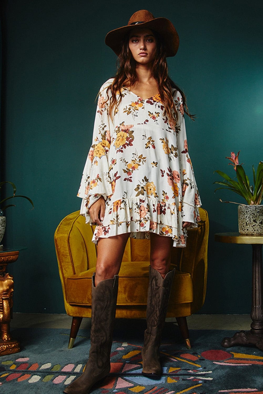 Elegant White Floral Print Ruffle Sleeve Mini Dress