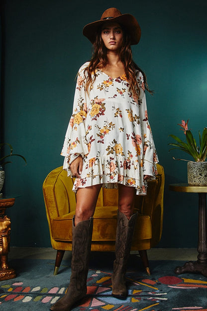 Elegant White Floral Print Ruffle Sleeve Mini Dress