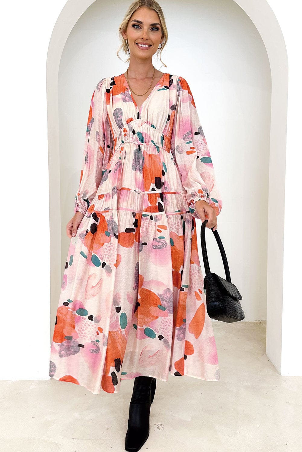 Elegant White Floral Print V-Neck Maxi Dress with Puff Sleeves