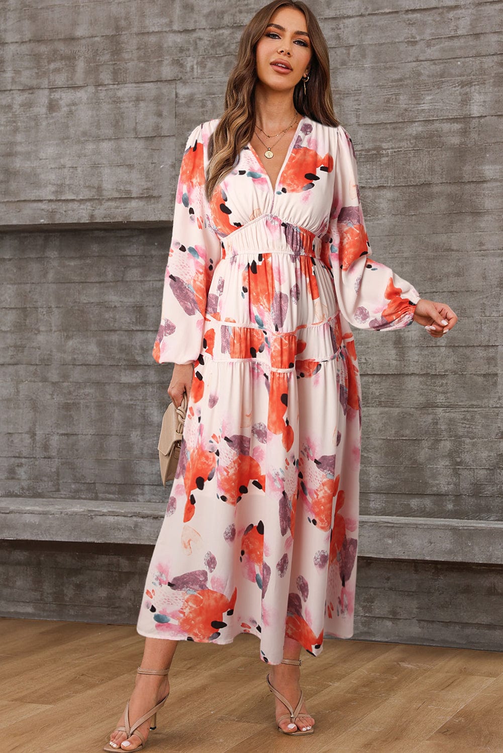 Elegant White Floral Print V-Neck Maxi Dress with Puff Sleeves