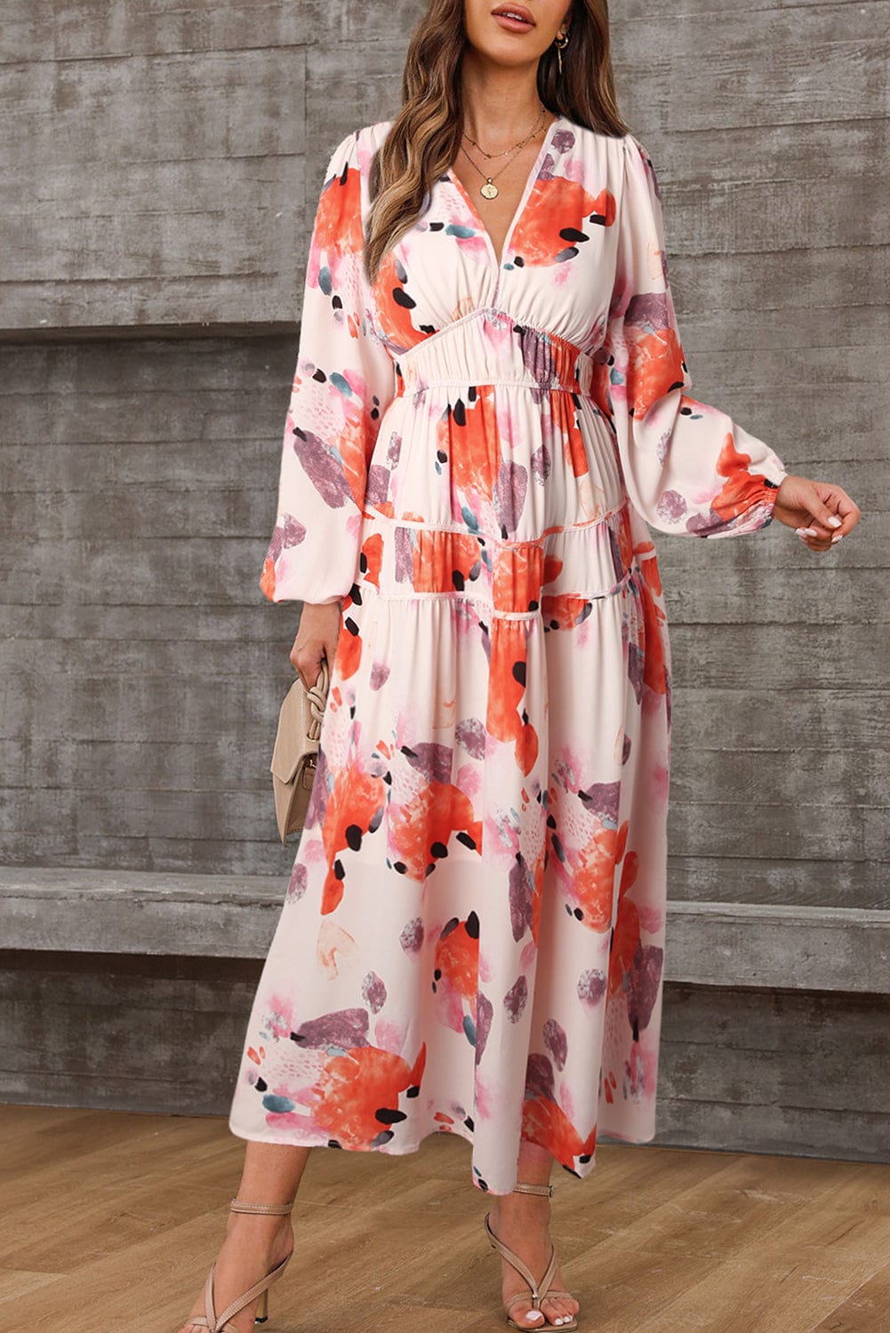 Elegant White Floral Print V-Neck Maxi Dress with Puff Sleeves