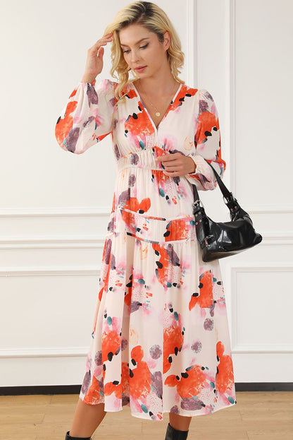 Elegant White Floral Print V-Neck Maxi Dress with Puff Sleeves