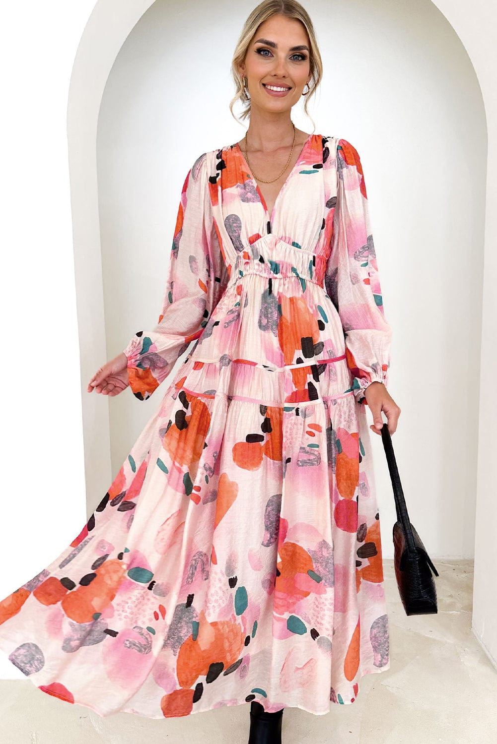 Elegant White Floral Print V-Neck Maxi Dress with Puff Sleeves