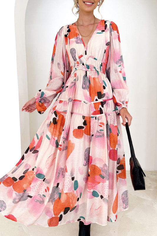 Elegant White Floral Print V-Neck Maxi Dress with Puff Sleeves