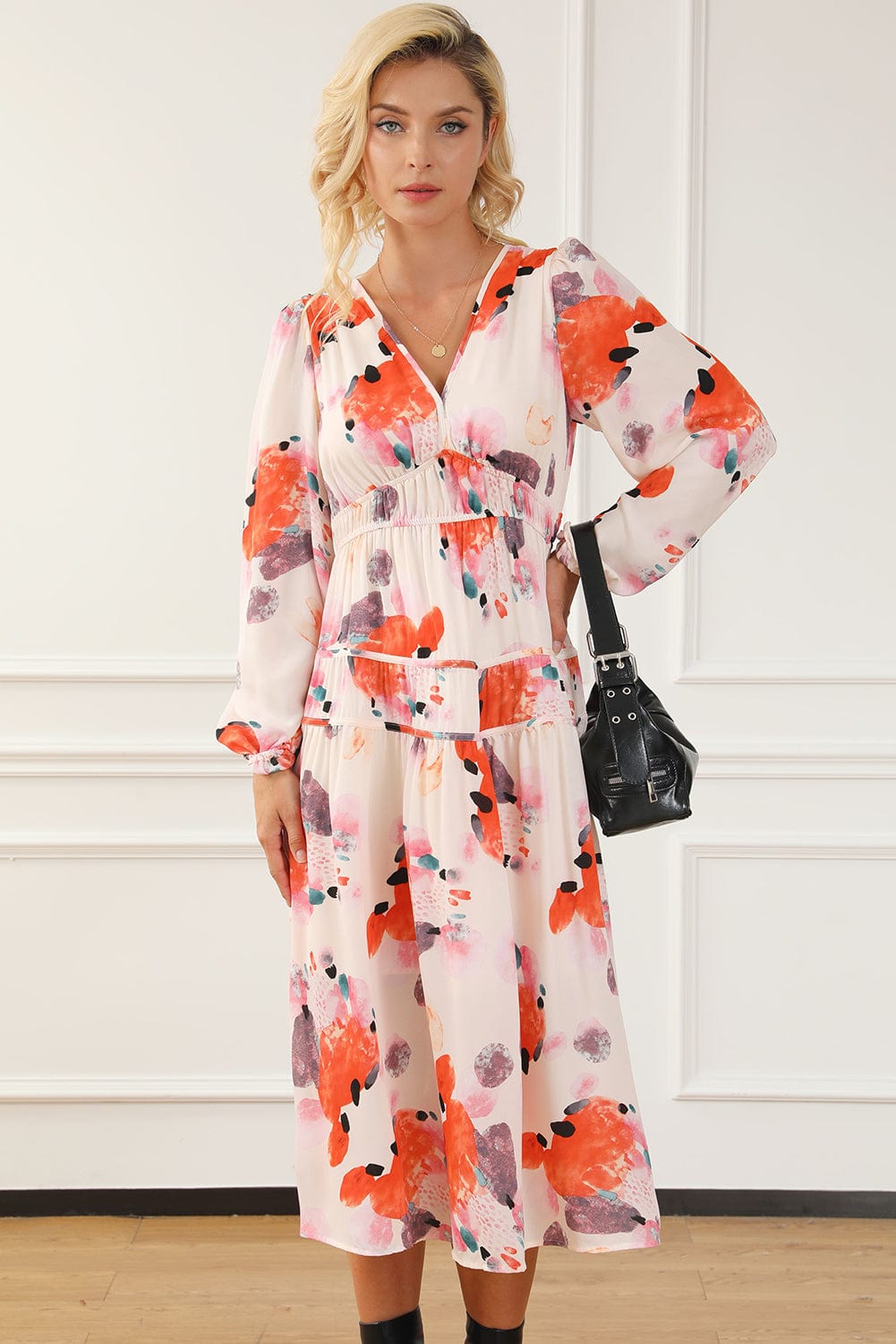 Elegant White Floral Print V-Neck Maxi Dress with Puff Sleeves