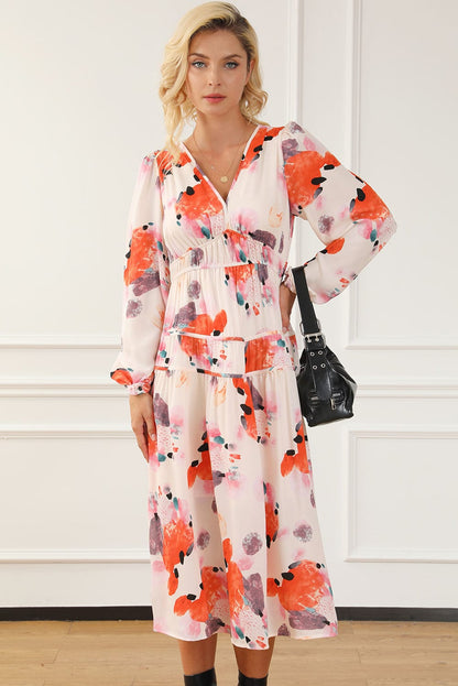 Elegant White Floral Print V-Neck Maxi Dress with Puff Sleeves