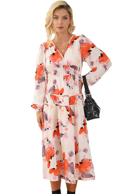 Elegant White Floral Print V-Neck Maxi Dress with Puff Sleeves