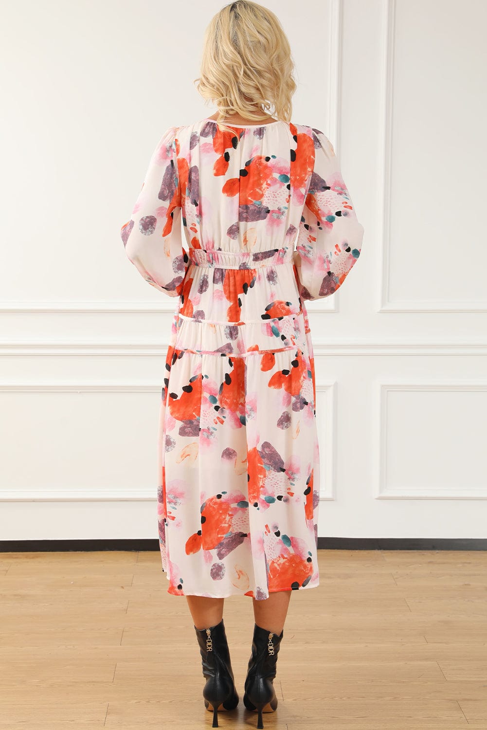 Elegant White Floral Print V-Neck Maxi Dress with Puff Sleeves