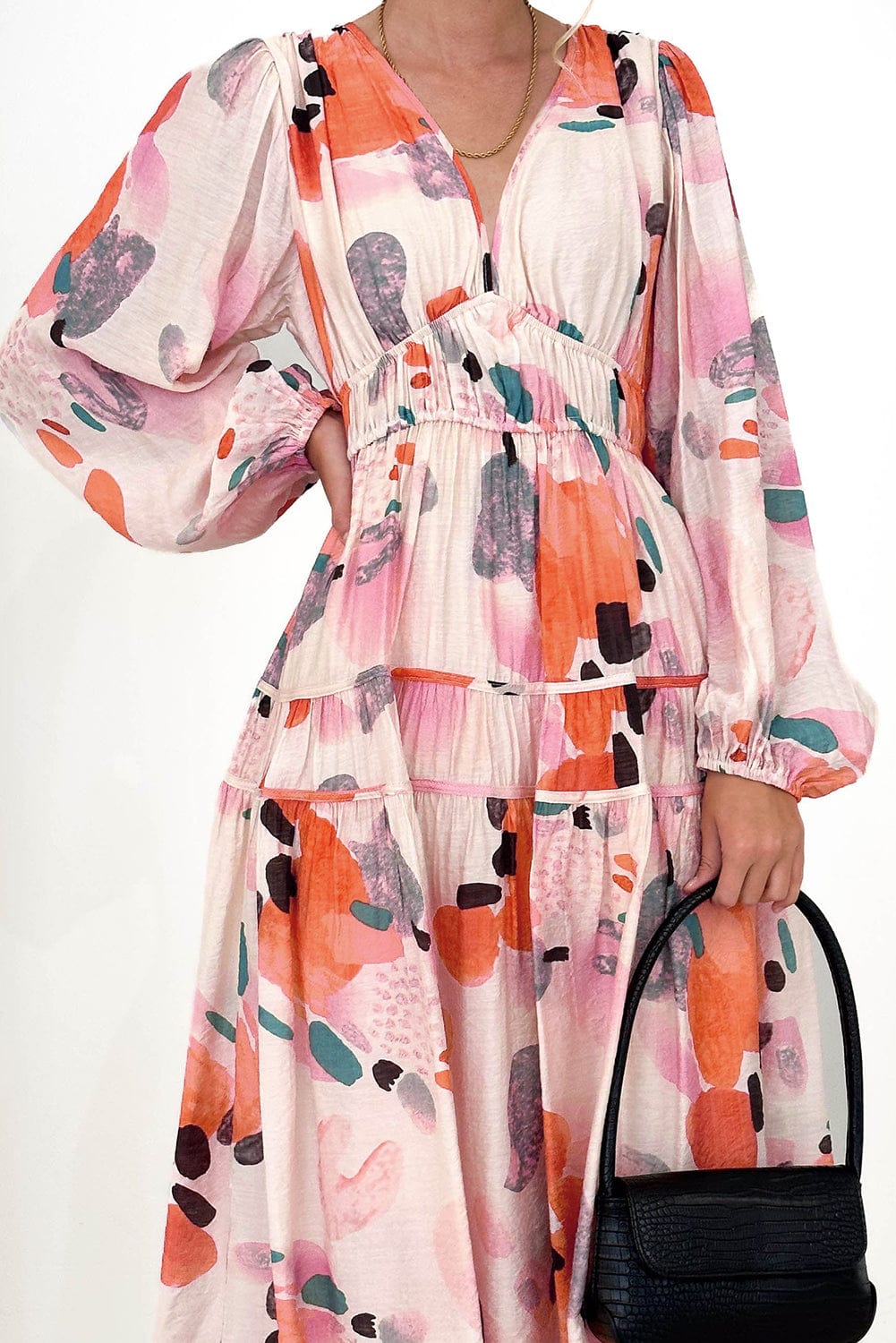 Elegant White Floral Print V-Neck Maxi Dress with Puff Sleeves