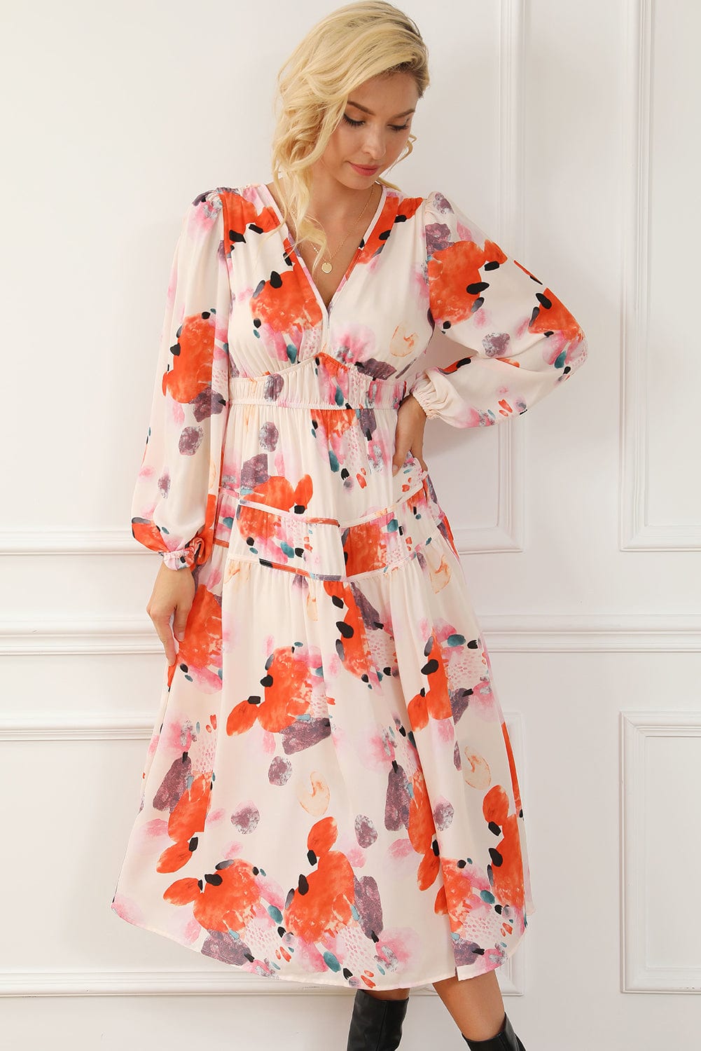 Elegant White Floral Print V-Neck Maxi Dress with Puff Sleeves
