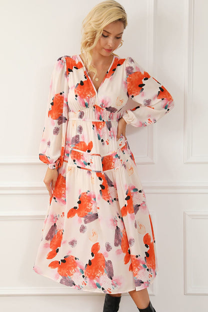 Elegant White Floral Print V-Neck Maxi Dress with Puff Sleeves