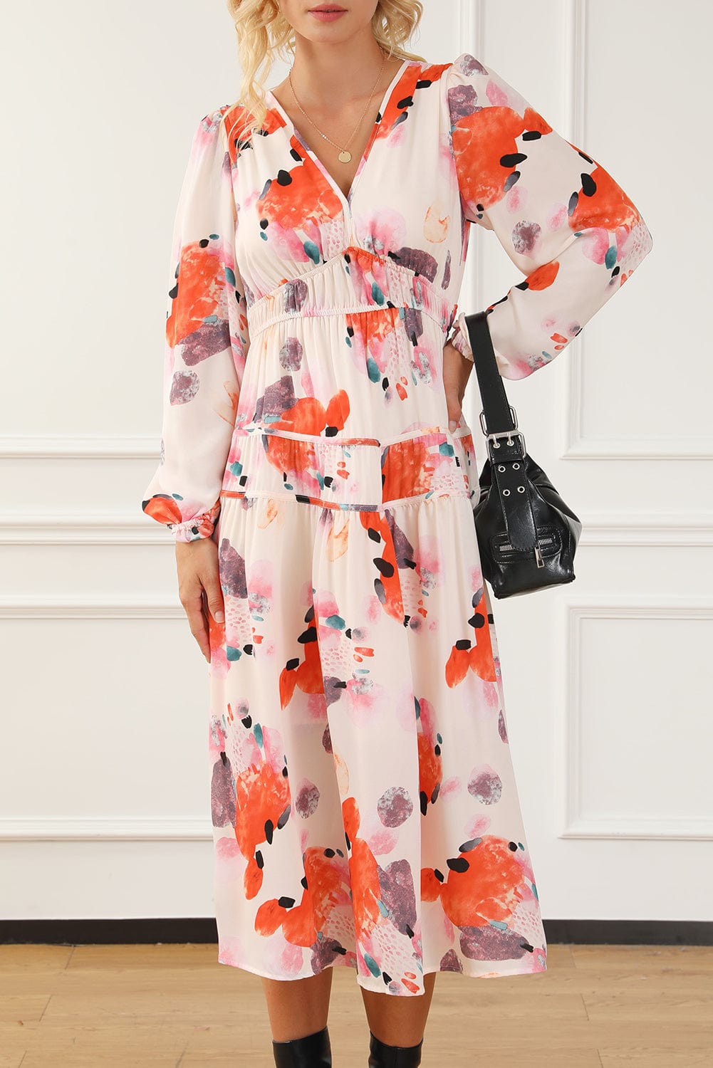 Elegant White Floral Print V-Neck Maxi Dress with Puff Sleeves