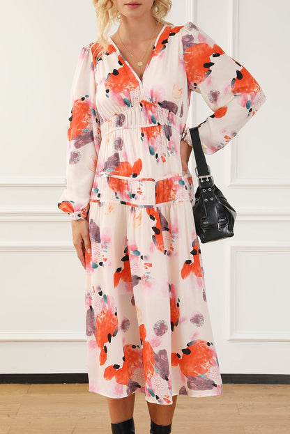 Elegant White Floral Print V-Neck Maxi Dress with Puff Sleeves