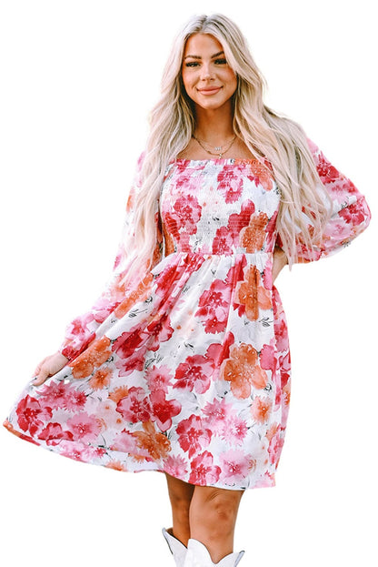 Elegant White Floral Smocked Puff Sleeve A-Line Dress