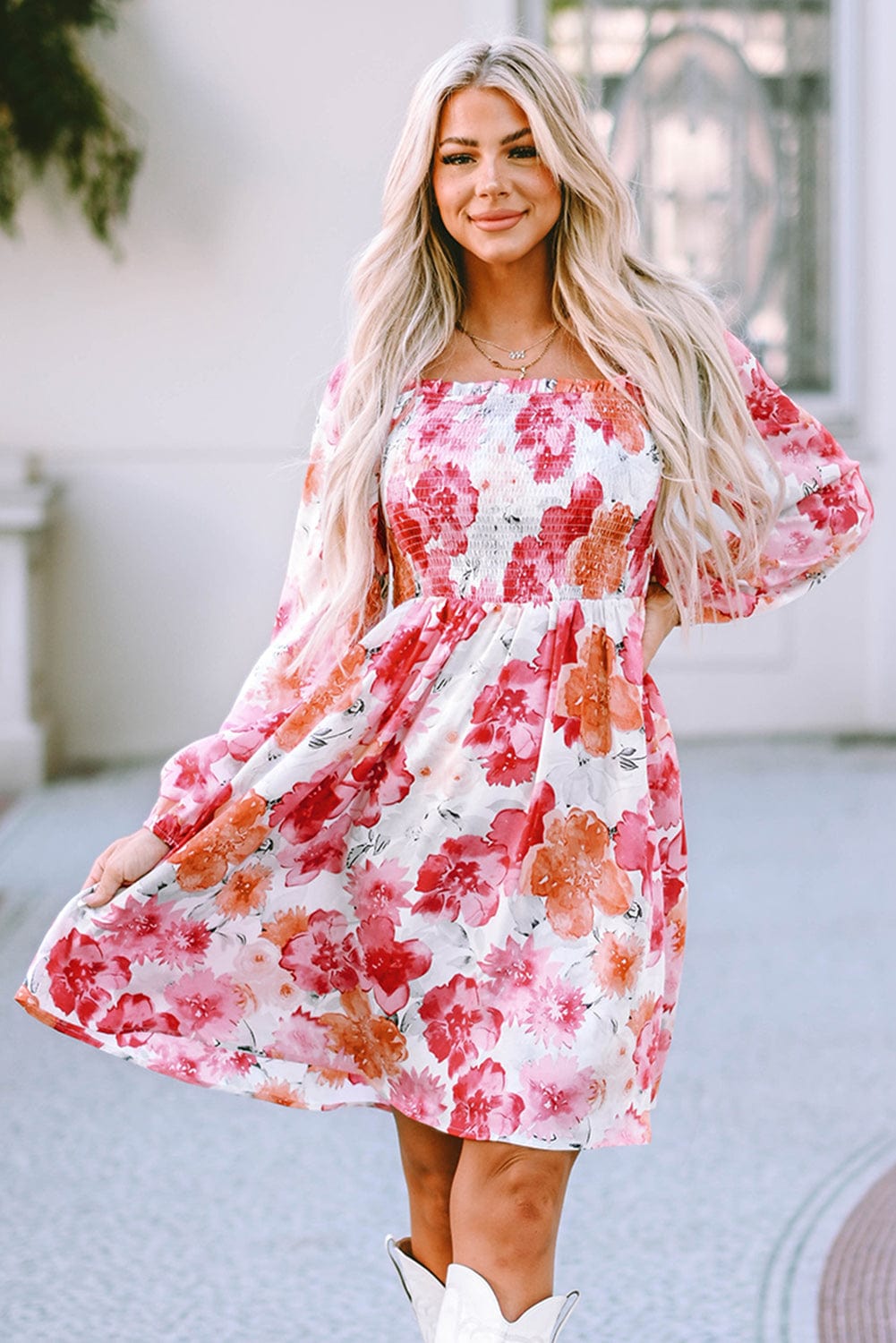 Elegant White Floral Smocked Puff Sleeve A-Line Dress