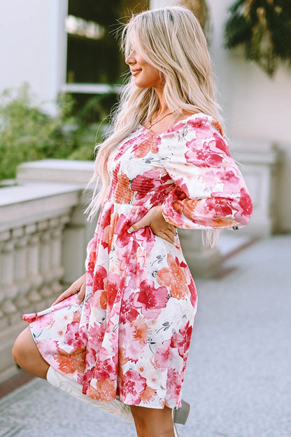 Elegant White Floral Smocked Puff Sleeve A-Line Dress