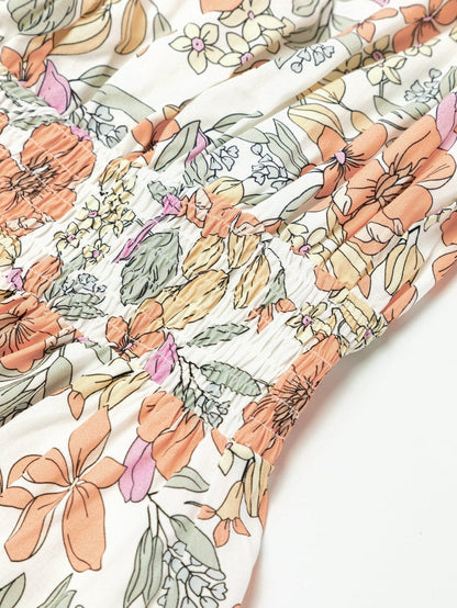 Elegant White Floral Smocked Waist Ruffle Dress