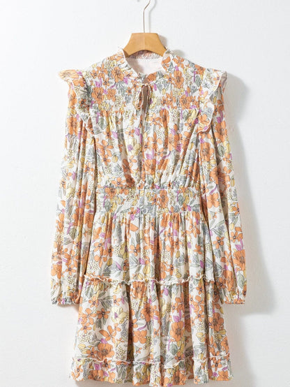 Elegant White Floral Smocked Waist Ruffle Dress