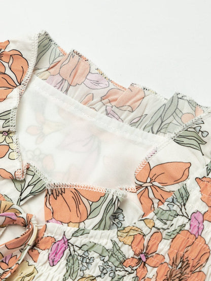 Elegant White Floral Smocked Waist Ruffle Dress