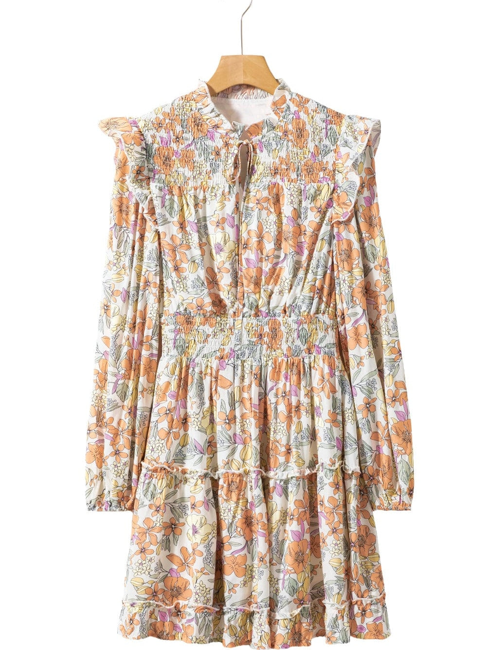 Elegant White Floral Smocked Waist Ruffle Dress