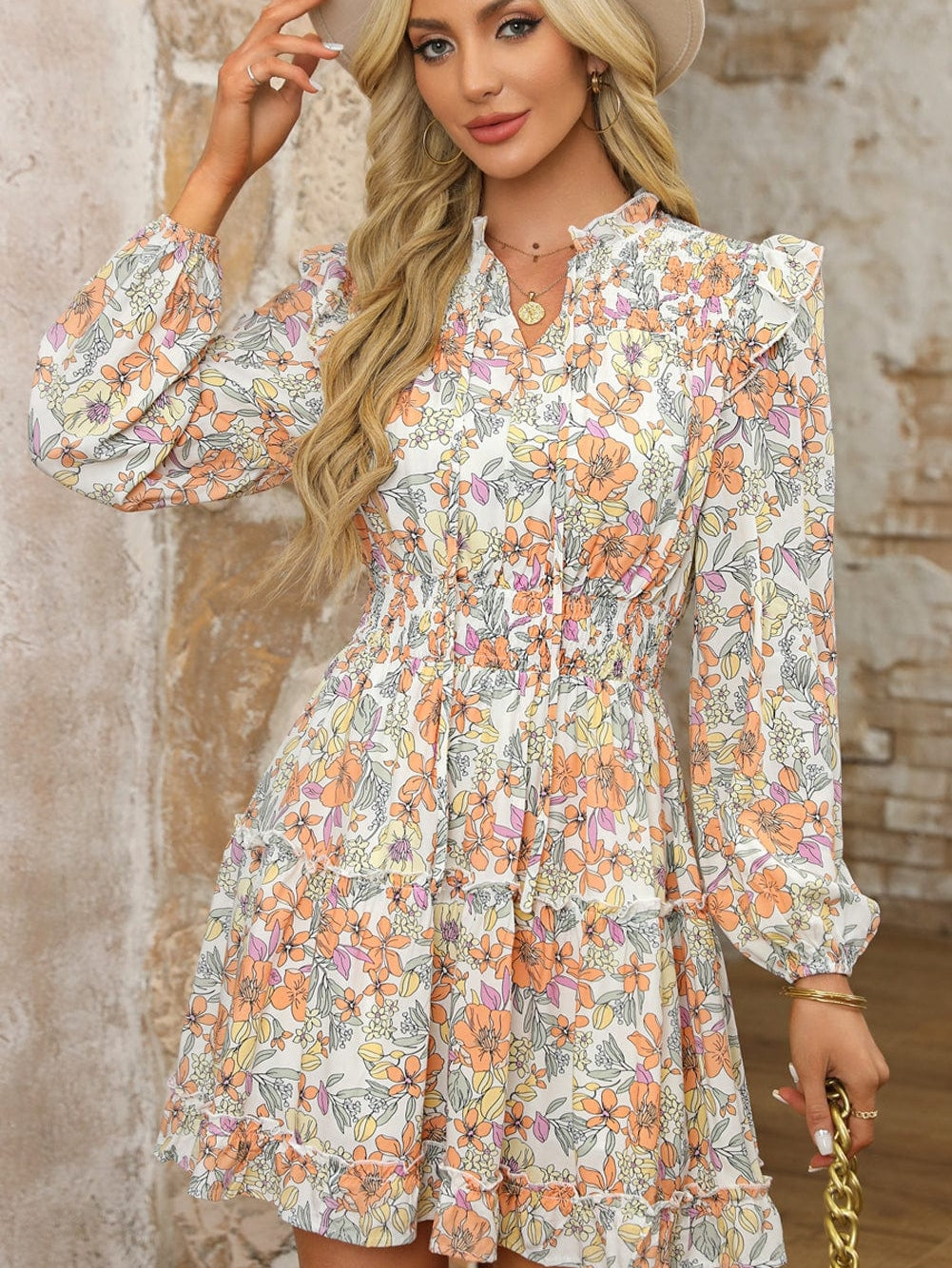 Elegant White Floral Smocked Waist Ruffle Dress