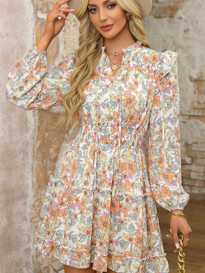 Elegant White Floral Smocked Waist Ruffle Dress