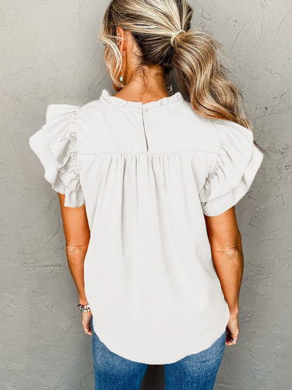 Elegant White Flutter Sleeve Ruffle Blouse