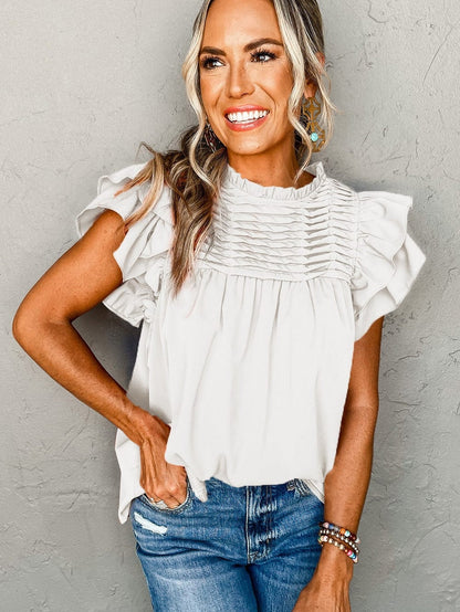 Elegant White Flutter Sleeve Ruffle Blouse