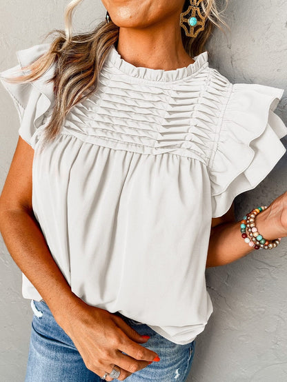 Elegant White Flutter Sleeve Ruffle Blouse