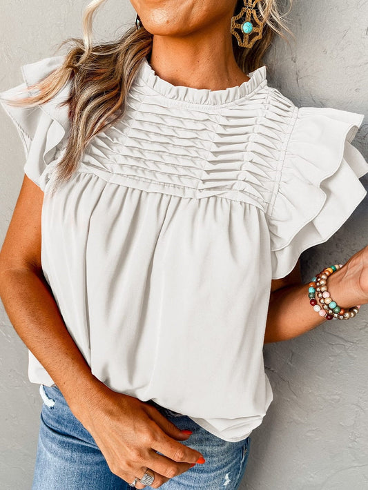 Elegant White Flutter Sleeve Ruffle Blouse